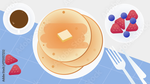 Overhead view of pancakes with butter, berries, and coffee.