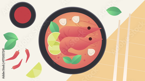 Illustration of Tom Yum soup with shrimp, lime, and chili peppers.