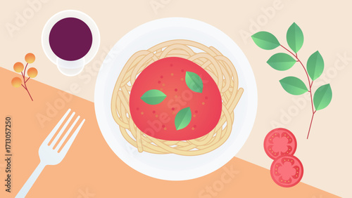 Illustration of spaghetti with tomato sauce and basil on a plate.