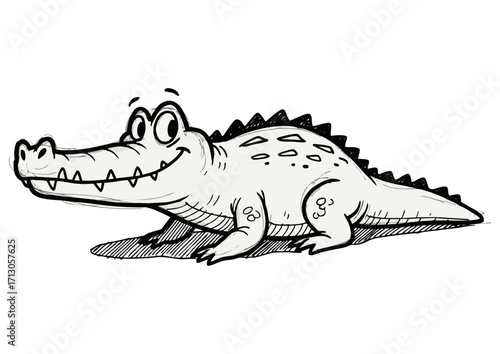 Cartoon crocodile character with a happy expression on a white background with copy space