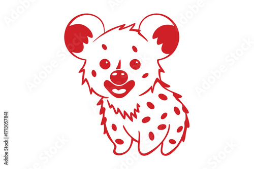 Red cartoon hyena stands on white, showcasing distinctive spots and endearing facial expression