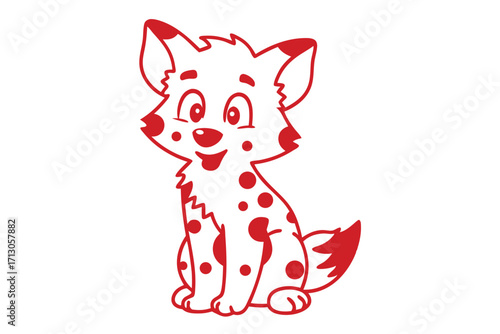 Red cartoon hyena with spots sits and smiles on a plain white background