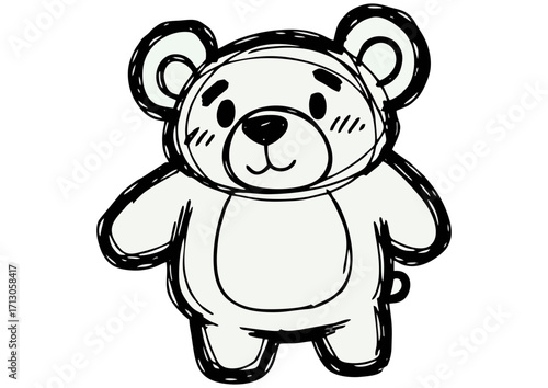 Cartoon bear cub character with a cute expression on a white background with copy space