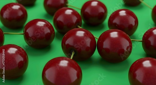 Cherries on green background, shiny red fruits with stems, vibrant contrast. Juicy & fresh vibe. Meta AI Generated
