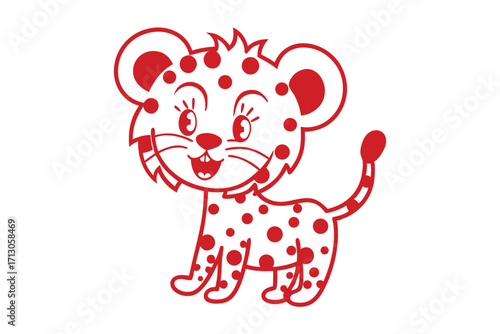 Red cute jaguar is smiling with visible teeth and striking spotted pattern throughout body