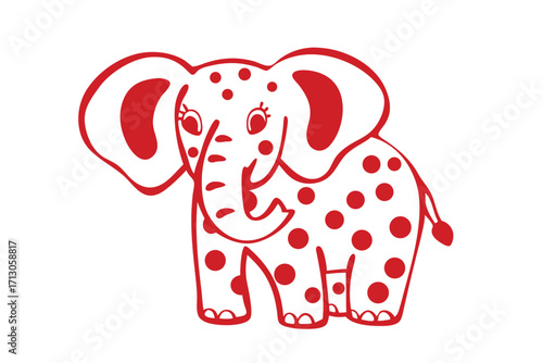 Red dotted cartoon elephant stands, showcasing charming eye lashes and playful stance on a plain background