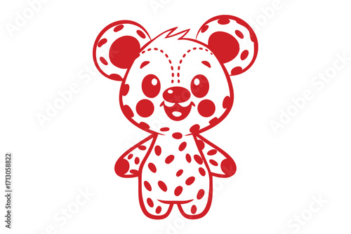 Red dotted cartoon mouse stands cheerfully with a cute smile on the white background