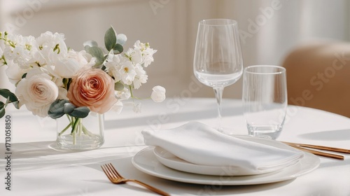 Table set for a formal dinner or event. the table is covered with a white tablecloth and has a vase of white and peach flowers on the left side.