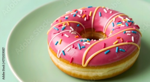 Pink frosted donut with yellow drizzle & colorful sprinkles on a mint green plate. Vibrant, playful atmosphere. Sweet treat concept. AI Generated