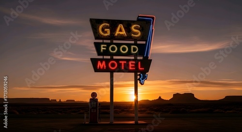 Vintage neon sign for GAS, FOOD, MOTEL against sunset in desert landscape with silhouetted rocks, evoking nostalgia and Americana theme. AI Generated