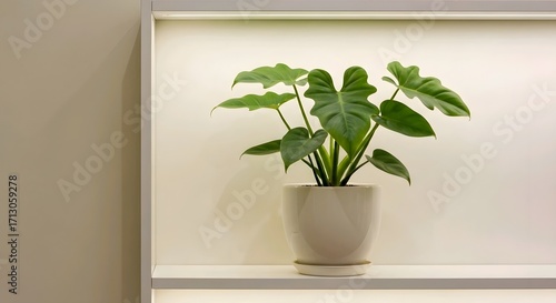 Potted plant with large green leaves in a white pot on a shelf against a beige wall, minimalistic vibe. AI Generated