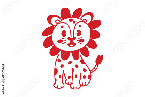 Red lion with spots sits cheerfully, displaying its soft, playful cartoon aesthetic to the viewer