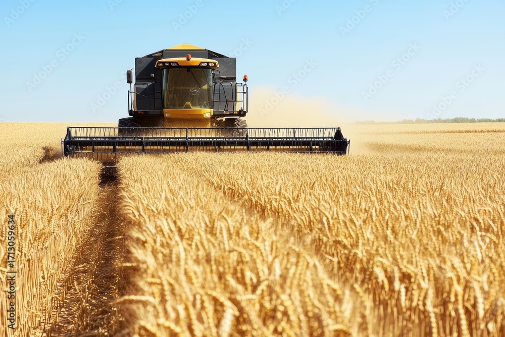 Fototapeta premium Harvesting wheat using modern machinery in a sunny field