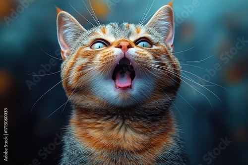 Cat looking up with mouth open in playful expression outdoors during bright sunny day
