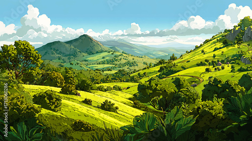 Victor cartoon Lush green plants and rolling hills create a peaceful natural landscape scene