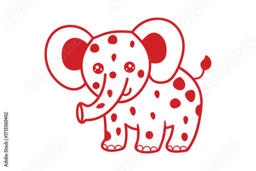 Red outlined cartoon elephant displaying polka dots and a cute facial expression on a white background