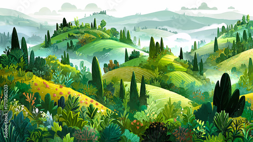 Victor cartoon Lush green plants and rolling hills create a peaceful natural landscape scene