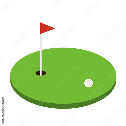 Golf putting green with hole flag and ball iconic sport recreation scene graphic element isolated on white background Vector Illustration