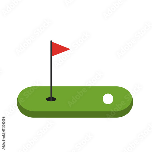 Golf course green with flagstick hole and ball simplified graphic design for sports recreation isolated on white background Vector Illustration