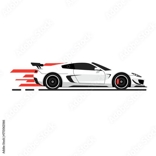 Sleek white sports car with blurring red streaks depicting speed motion graphic isolated on white background Vector Illustration
