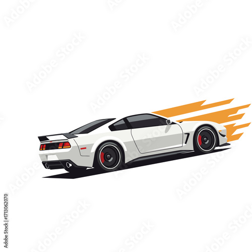 Dynamic white sports car accelerating with fiery exhaust trails on isolated on white background Vector Illustration