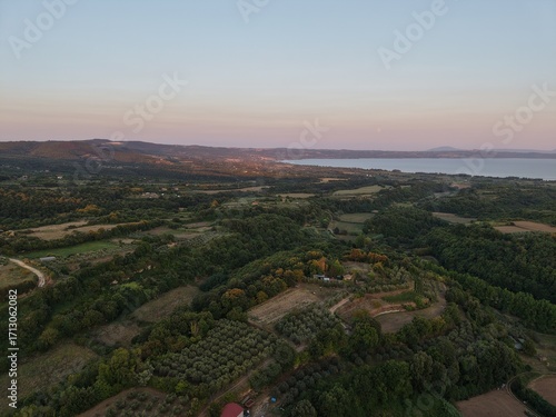 Expansive Panorama of Lake Bolsena at Sunset