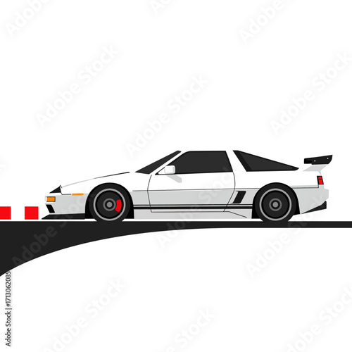 Iconic white sports car silhouette on track with red and white barrier fast motion isolated on white background Vector Illustration