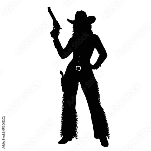 Silhouette of a cowgirl holding a revolver and pistol ready for action isolated on white background Vector Illustration