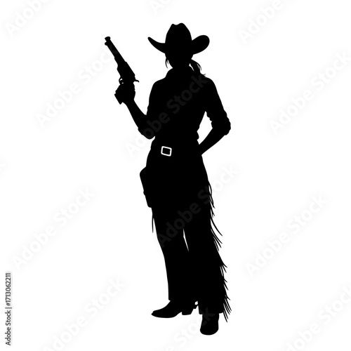 Silhouette of a cowboy holding a revolver ready for action western scene isolated on white background Vector Illustration