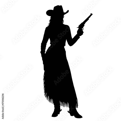 Silhouette of a western cowgirl holding a revolver ready for action isolated on white background Vector Illustration