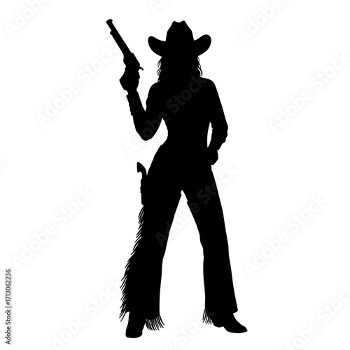 Silhouette of a cowgirl holding a revolver in a dynamic pose ready for action isolated on white background Vector Illustration