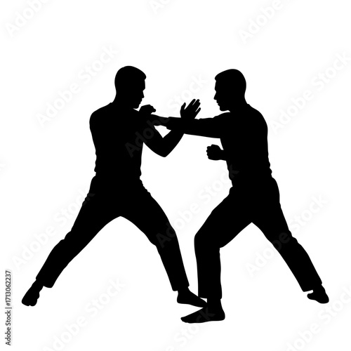 Martial arts combatants in silhouette dynamic fight pose for training and competition isolated on white background Vector Illustration