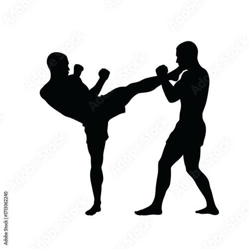 Silhouette of two martial artists engaged in a kickboxing match displaying dynamic action isolated on white background Vector Illustration