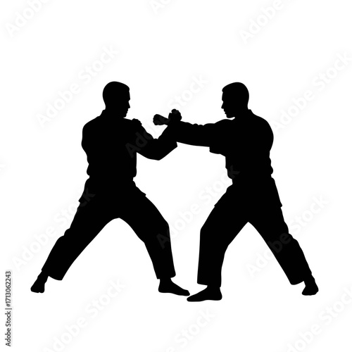 Silhouette of two martial artists practicing combat techniques in dynamic stances isolated on white background Vector Illustration