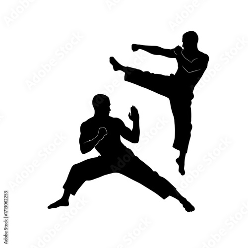 Dynamic silhouettes of two martial artists performing kicks in combat stances isolated on white background Vector Illustration