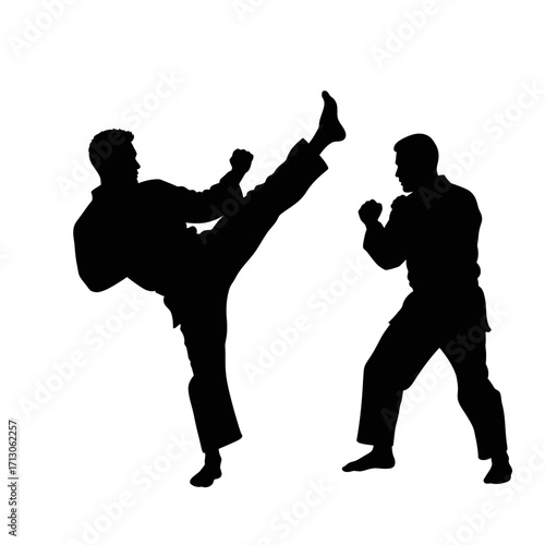 Dynamic martial arts combat silhouette two fighters performing high kick and defensive stance isolated on white background Vector Illustration