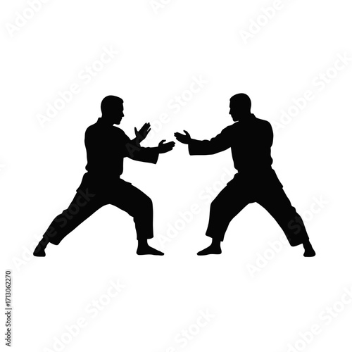 Martial arts silhouettes two fighters practicing combat stance dynamic action black figures isolated on white background Vector Illustration