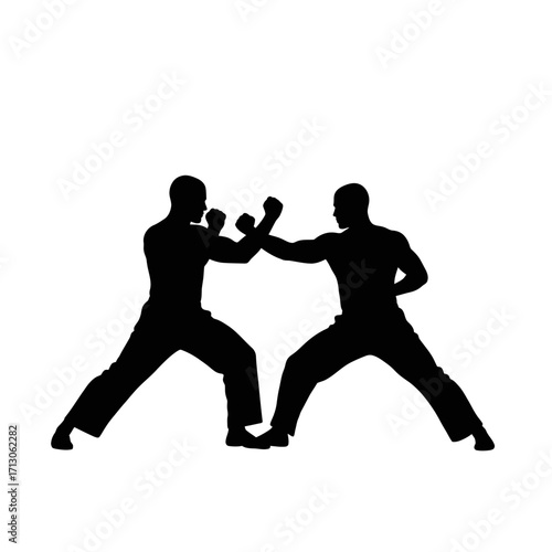 Martial arts silhouette two fighters sparring dynamic combat poses ready for action isolated on white background Vector Illustration