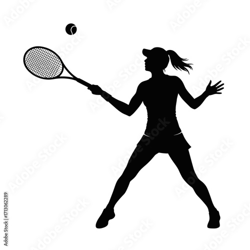 Silhouette of a female tennis player serving a ball in an action pose capturing athleticism isolated on white background Vector Illustration