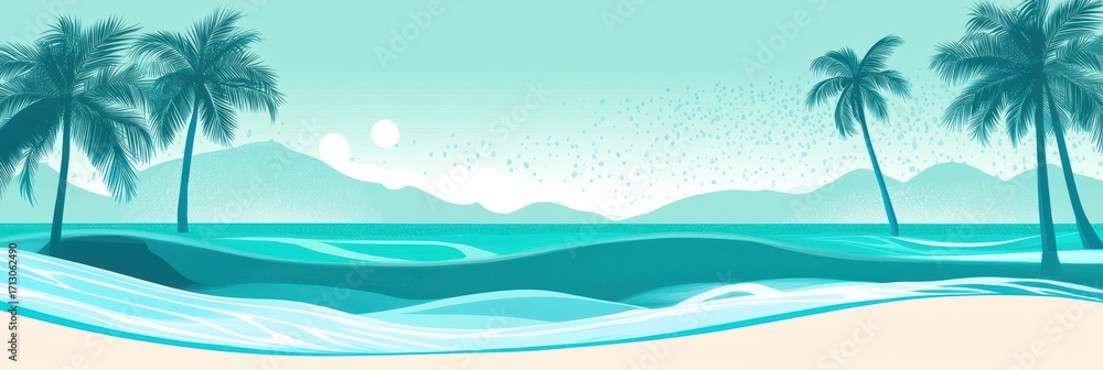 Obraz premium Tropical graphic layout featuring serene ocean waves and palm trees at sunset