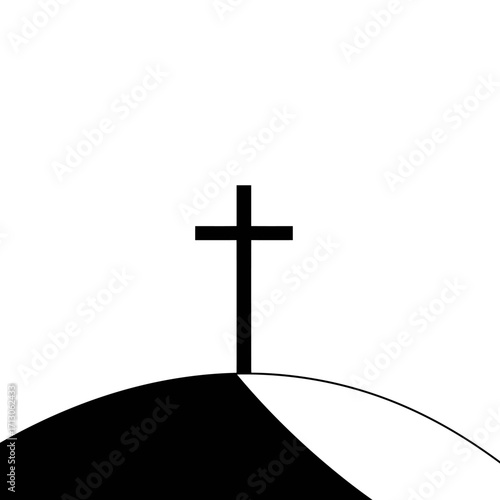 Simple black cross silhouette on a stylized white hilltop symbolizing faith and hope isolated on white background Vector Illustration