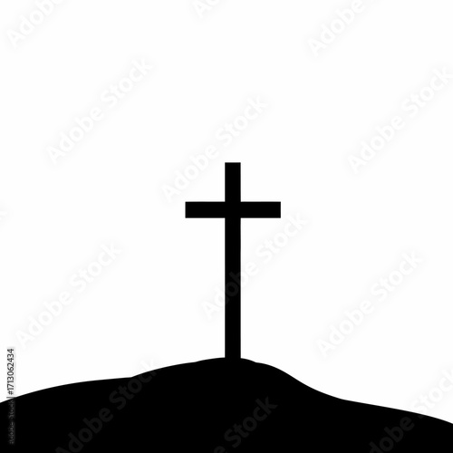 Simple christian cross silhouette on hilltop against bright sky symbolic religious faith representation isolated on white background Vector Illustration