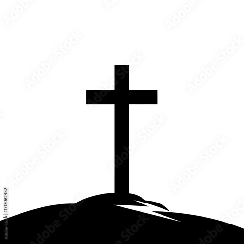Solemn christian cross silhouette standing tall on a hilltop representing faith hope and sacrifice isolated on white background Vector Illustration