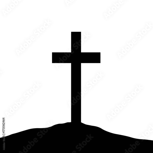 Solemn cross silhouette rises above hilltop evoking faith and hope isolated on white background Vector Illustration