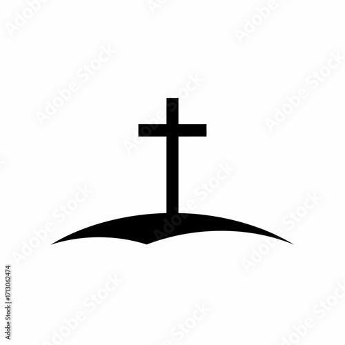 Symbolic christian cross silhouette on a stylized mound represents faith hope and sacrifice isolated on white background Vector Illustration