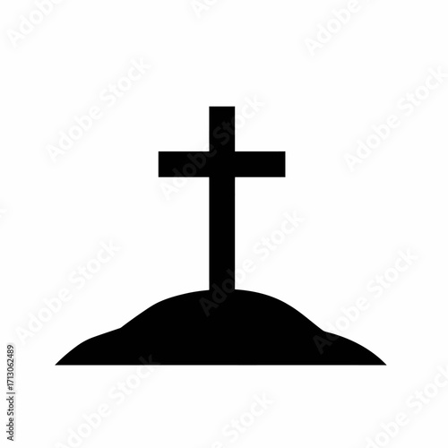Simple silhouette icon of a cross on a mound of earth representing a grave site isolated on white background Vector Illustration