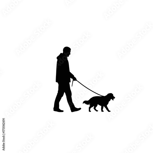 Silhouette of a person walking a dog on a leash outdoors representing companionship and activity isolated on white background Vector Illustration