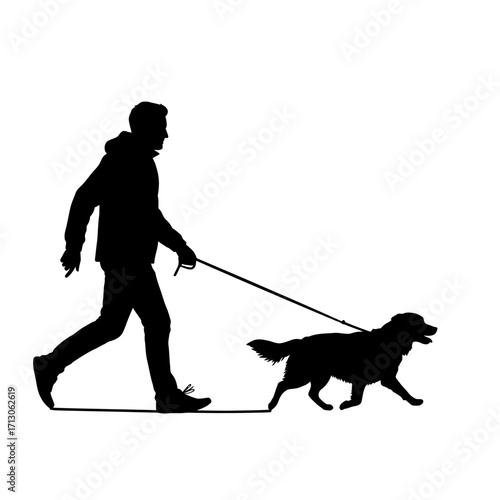 Silhouette of a person walking a dog on a leash outdoors daytime scene isolated on white background Vector Illustration