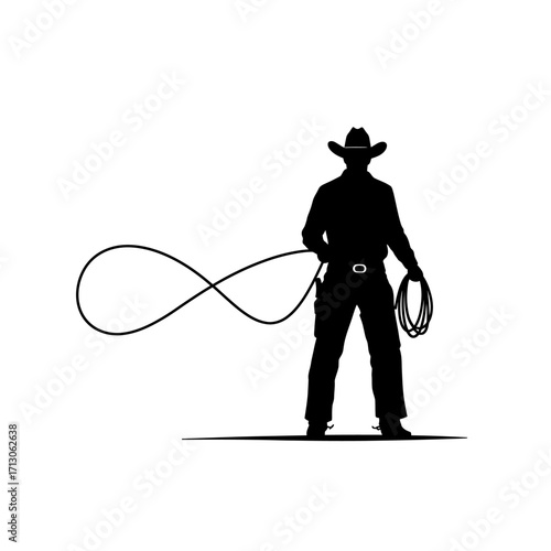 Silhouette of cowboy with lasso in action ready for rodeo or ranch work isolated on white background Vector Illustration