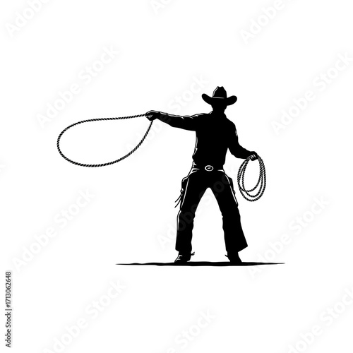 Silhouette of a cowboy lassoing in a western style scene isolated on white background Vector Illustration